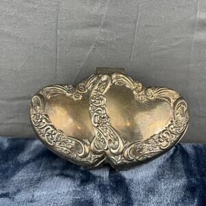 Vintage Silver Velvet Lined Jewelry Trinket Box Double Heart Silver Plated AA-19